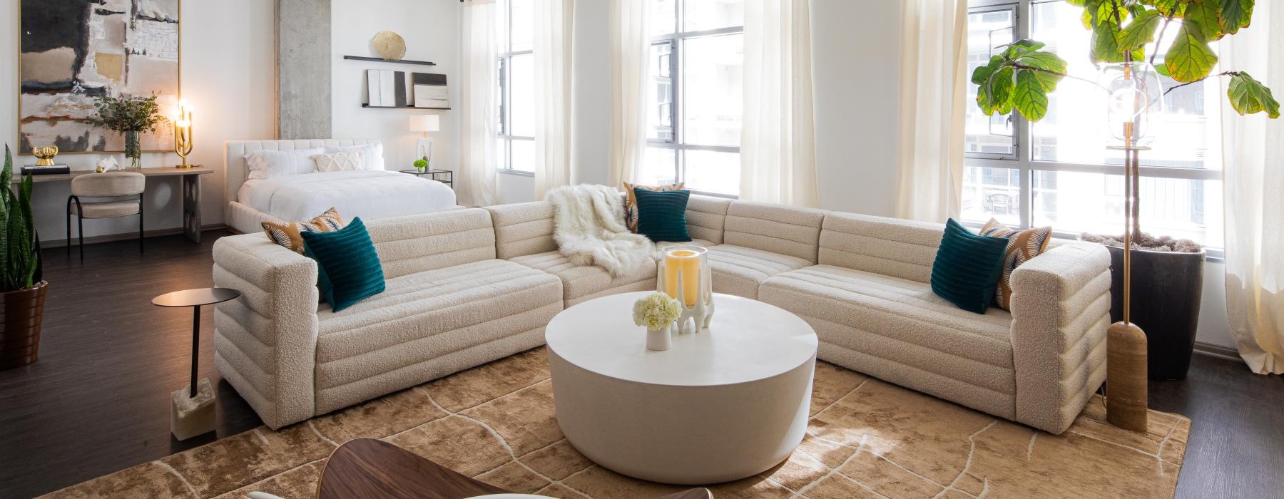 a living room with a large window