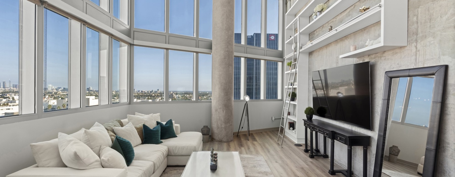 a living room with a large window